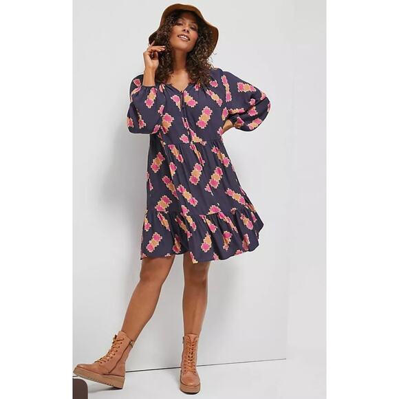 Anthropologie Candy Crush Puffed Long Sleeve Tiered‎ Mini Dress Size Medium - Picture 2 of 16